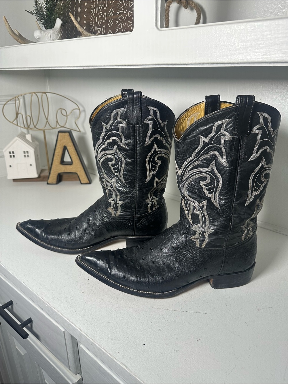 M.L Leddy Men’s 10 Black Ostrich Cowboy Boots Vintage Western Rodeo Ranch